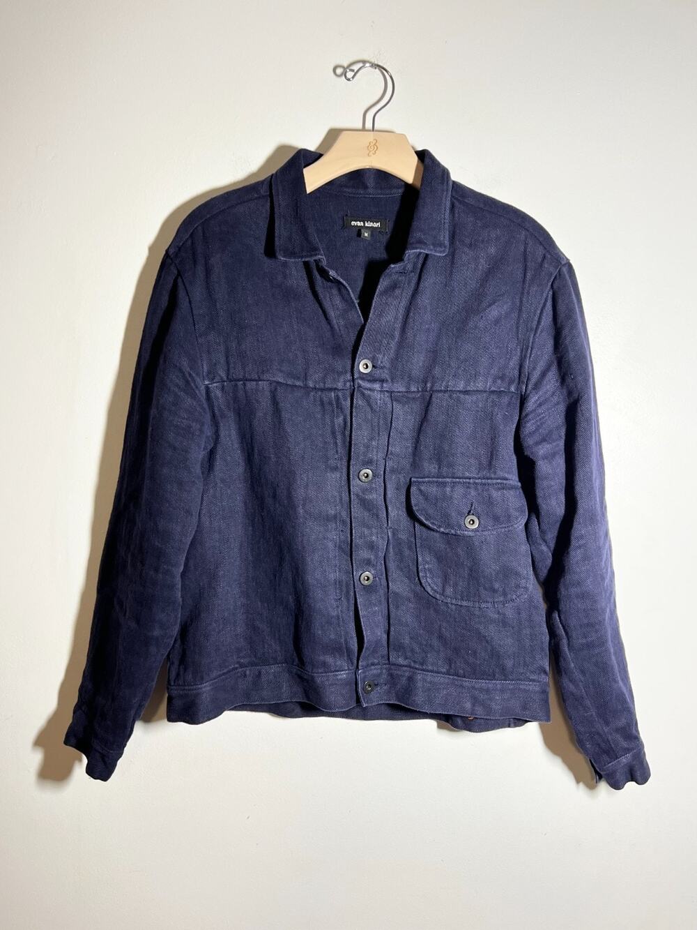 Evan Kinori LN Dark Navy Blue Hemp 1 Pocket Jacket Size M Unisex